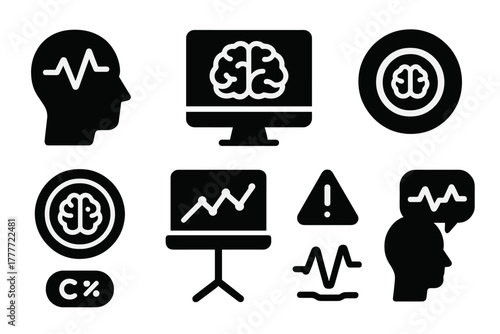 Brain Tracking Icons. Solid style icons of real-time brain tracking dashboards: head with graph icon, neuro panel glyph, data