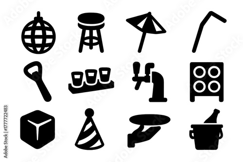 Party Bar Icons. Solid style icons of party bar items: disco ball, bar stool, cocktail umbrella, paper straw, bottle opener, shot