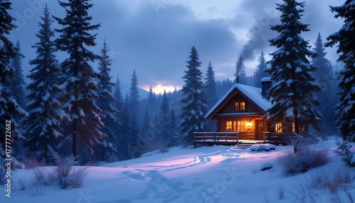 A secluded architectural wonder, this cozy wooden log cabin glows warmly, nestled in a serene, snow-covered forest during a tranquil winter twilight