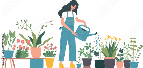 flat illustration of a woman in overalls watering flowers on the balcony, surrounded by potted plants and colorful pots. the white background