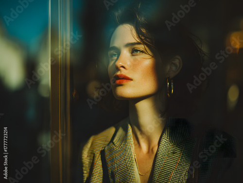 woman in light blazer window-shopping after
