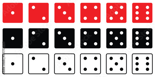 Game dice, icon. One to Six Dot Faces dice. Red, black and white dice Icon set. Casino Dice Icons. Vector illustration.
