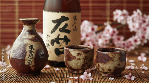 Traditional sake served in ceramic cups with bottle, Japanese tatami background and cherry blossom petals
