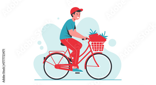 Joyful Cyclist Delivers Fresh Produce in a Vibrant Illustrated Scene for Sustainability