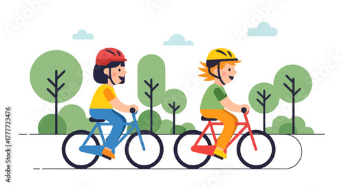 Joyful Cyclists Cycling In The Park Under The Sky, Enjoying The Fresh Air Outdoors