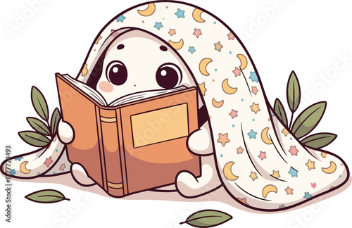 Cute cartoon character hiding under a starry, crescent moon blanket while engrossed in reading a book