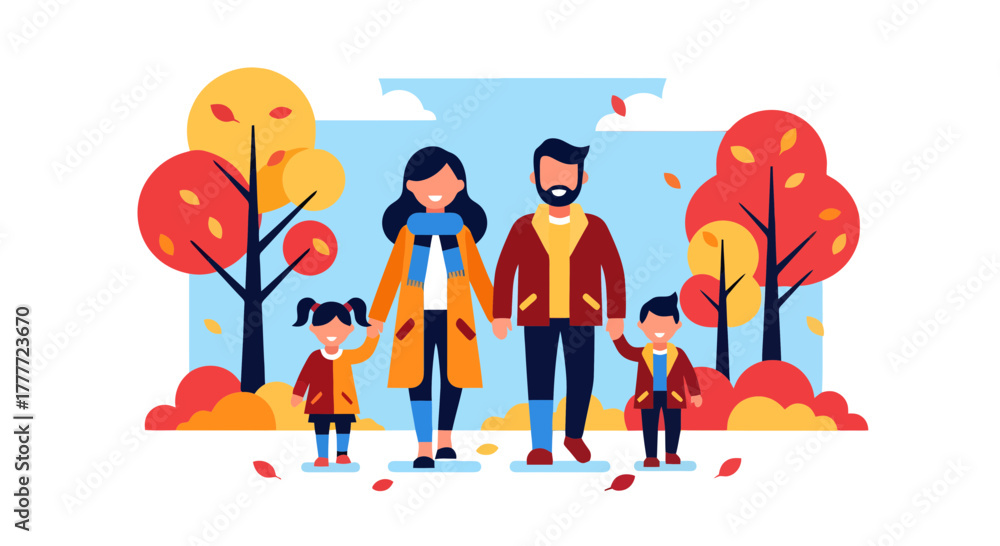Fototapeta premium Joyful Family Portrait With Autumnal Season Setting, Holding Hands, And Together