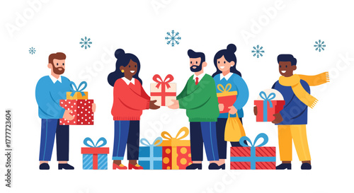 Joyful Exchange: Handing Gifts Between Diverse Persons at a Winter Celebration Event