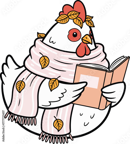 Cute cartoon chicken character wearing a pink scarf and leaf wreath while happily reading a book, perfect for fall or cozy themes