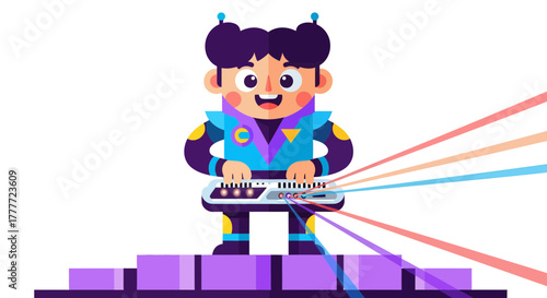 Joyful Extraterrestrial Playing A Musical Synthesizer With Colorful Light Beams