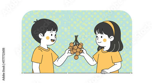 Joyful Exchange of Tropical Fruit: Two Children Sharing a Cluster of Longans