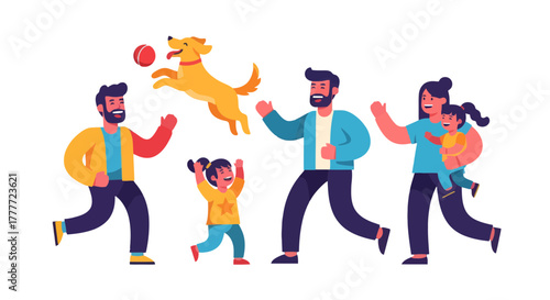 Joyful Family And Playful Dog Enjoying Quality Time Together On A Sunny Day