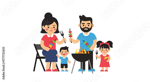 Joyful Family Gathered Around A Grill Preparing Delicios Skewers for a Barbecue Celebration