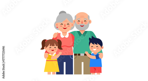 Joyful Family Portrait Depicting Elderly Couple with Grandchildren on Black Background