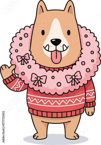 Cute cartoon Corgi dog character wearing a festive pink and red winter sweater with a fluffy collar and bows. Fun illustration for holidays and pets