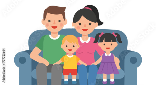 Joyful Family Portrait Sitting Together On Sofa Smiling And Facing The Camera Happily