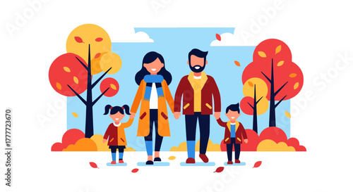 Joyful Family Portrait With Autumnal Season Setting, Holding Hands, And Together