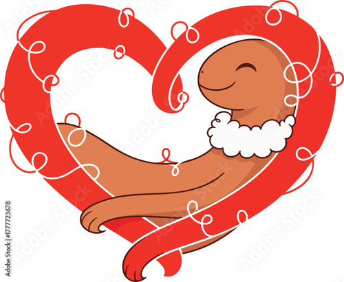 Cute cartoon creature embraced by a large red Valentine's heart ribbon, perfect for holiday greetings and affectionate expressions