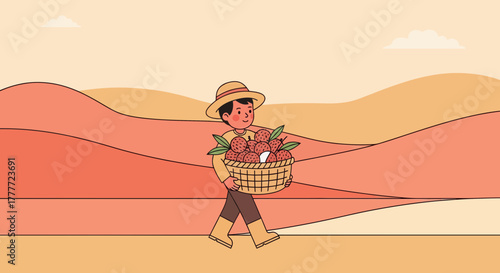 Joyful Farmer Carrying a Harvest Basket Across a Scenic, Vivid Landscape