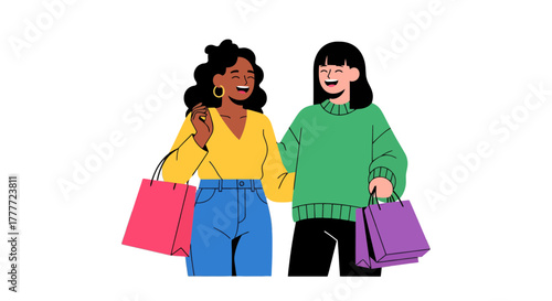 Joyful Friends Shopping Together Holding Colorful Bags Against a Black Background