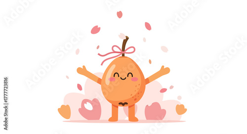 Joyful Fruit Character with Pink Petals and Open Arms in Expressive Illustration