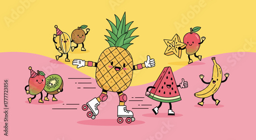 Joyful Fruits Dancing on Roller Skates with Cheerful and Playful Expressions