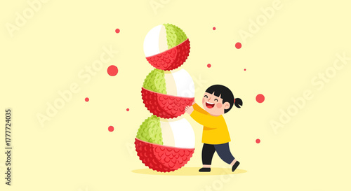 Joyful Girl Interacting With Stacked Lychees Against A Yellow Textured Backdrop