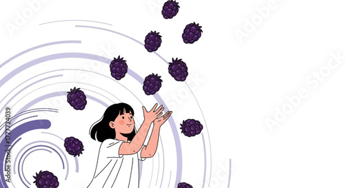 Joyful Girl Playing With Falling Blackberries While Spiraling Purple Graphic