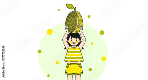 Joyful Girl Showcasing a Jackfruit Fruit Over Her Head in Delightful Pose
