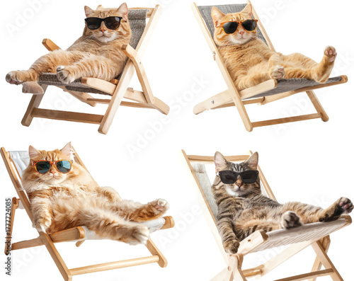 funny cat wearing sunglasses, lying on a deck chair, isolated on a white background
