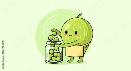 Joyful Gooseberry Character Filling Jar With Delightful Green Fruits For Healthy Harvest