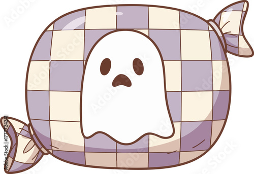 Cute cartoon ghost character wrapped in a sweet purple and cream checkered candy wrapper, perfect for Halloween treats or spooky themed designs