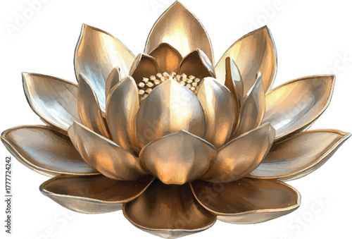golden lotus flower, simple pattern, metal material, white background, product view, 3d rendering, high definition