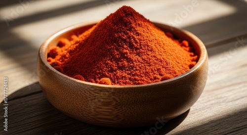 Fototapeta Naklejka Na Ścianę i Meble -  Wooden bowl filled with vibrant red spice, illuminated by sunlight creating shadows