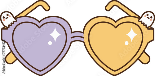 Cute cartoon heart-shaped glasses with adorable ghost characters peeking out from the sides. Perfect for Halloween or fun, quirky designs