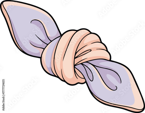 Cute cartoon illustration of a fabric scrunchie or hair tie with pink and lavender colors knotted in the center