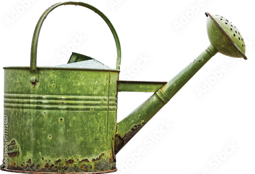 green metal watering can isolated on a white background