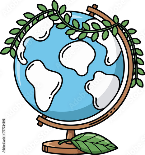 Cute cartoon illustration of an Earth globe wrapped with green growing vines and leaves, symbolizing ecology and environmental care