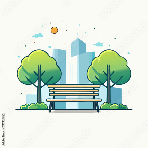 Park Bench with Trees and City Skyline in the Background.