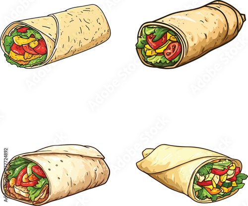 hand-drawn cartoon vector illustration of a shawarma roll with vegetables, isolated on a white background, in side view. vector concept art for game design