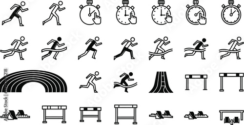 Collection of running race icons including athletes stopwatches finish lines hurdles and track elements isolated on transparent background