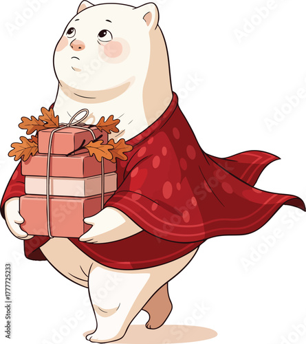 Cute cartoon polar bear character in a red cape holding a stack of pink gifts decorated with autumn oak leaves