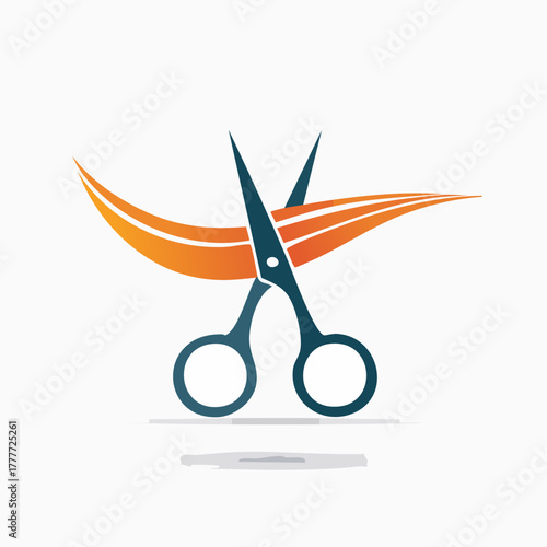 Scissors Cutting Orange Ribbon Symbolizing Hair Salon Services.