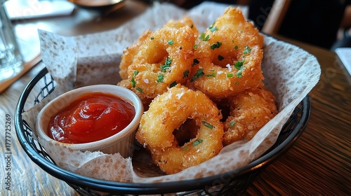 Crispy fried onion rings with ketchup in a basket, sprinkled with parsley, a tasty appetizer