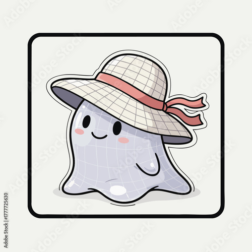 Cute ghost character wearing a stylish wide-brimmed hat, ready for a summer outing