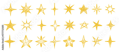 Gold crayon doodle stars set. Sparkle hand drawn  collection. Children style yellow pencil elements. Vector illustration