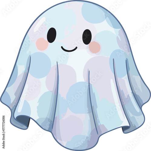 Cute happy cartoon ghost illustration with colorful pastel polka dots, perfect for Halloween, spooky fun, or cheerful design concepts