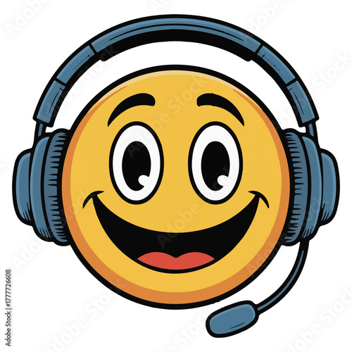 Smiley Face with Headset Illustration – Cheerful Cartoon Character for Support and Communication