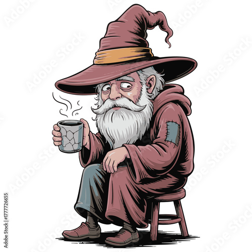 Elderly Wizard Illustration – Whimsical Fantasy Character with Mug and Stool