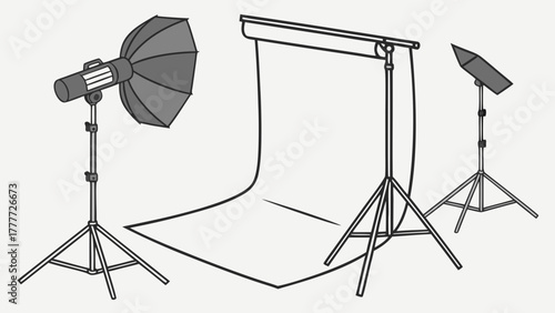 "Realistic 3D render of professional photography set with multiple lighting sources, seamless white backdrop, and reflector umbrella. Modern studio setup for product, fashion, and portrait photography